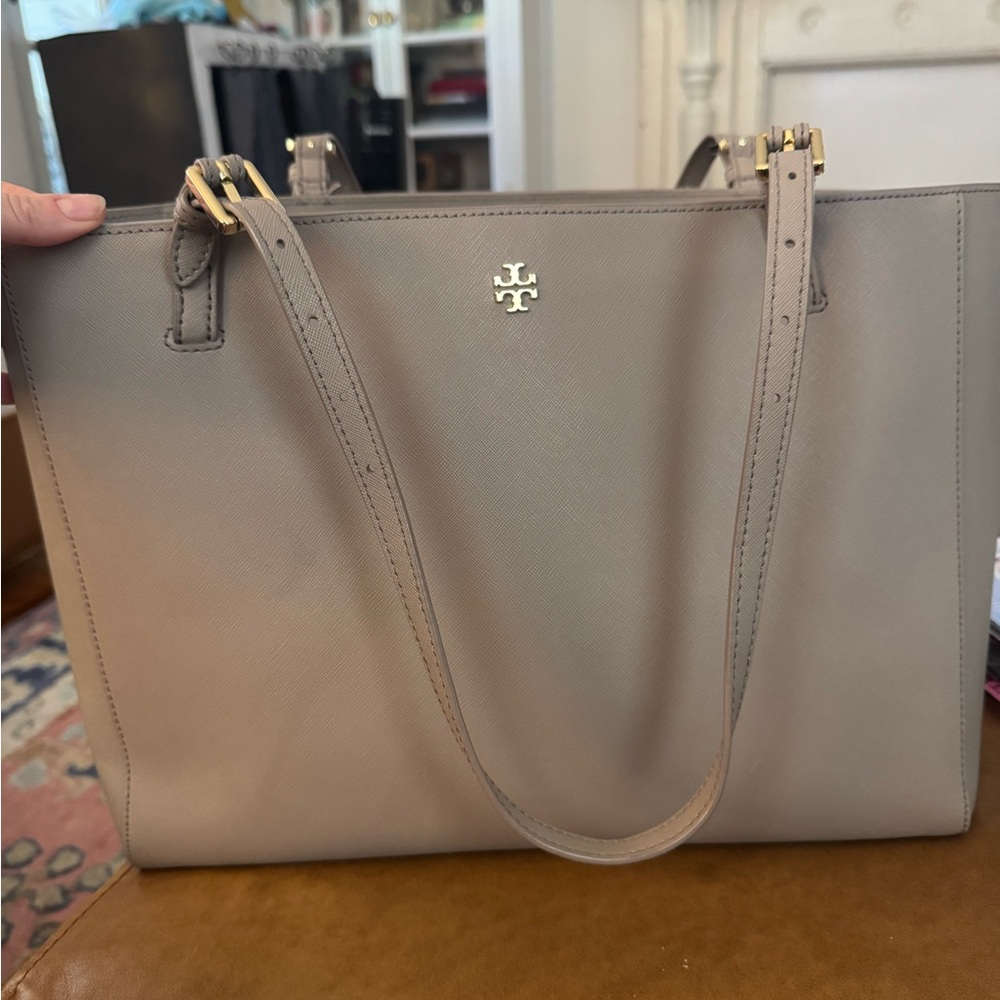 Tory Burch Gray Leather Tote with Gold Accents